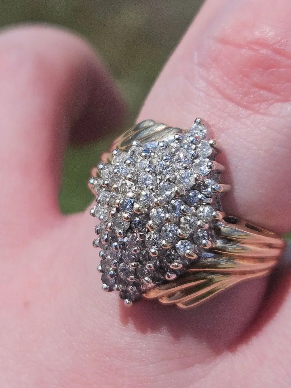 10K Yellow Gold Diamond Large Marquise Shaped Cocktail Cluster Ring Size 7.25
